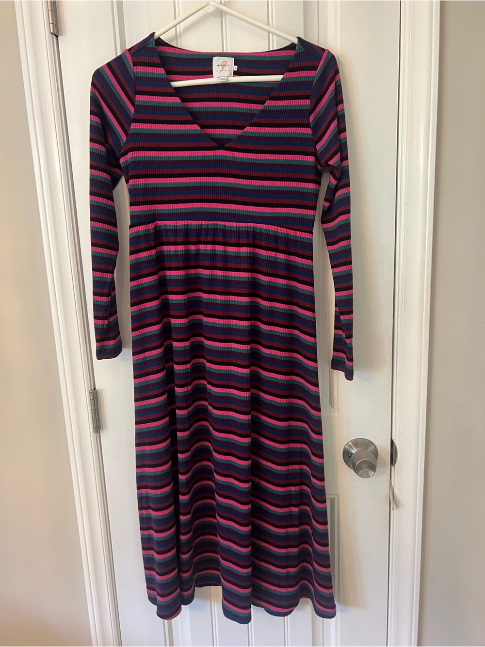 The Nines by Hatch Striped V-Neck Long-Sleeve Midi Dress in Navy, Pink & Purple